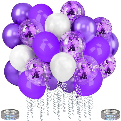 Mbsomnus 60 Stück Luftballons Geburtstag Lila Ballons Hochzeit 30cm Luftballons Metallic Lila Konfetti mit Luftschlangen Violett Weiße Helium Latex Ballons für Graduierung Kinder Party Geburtstagdeko von Mbsomnus