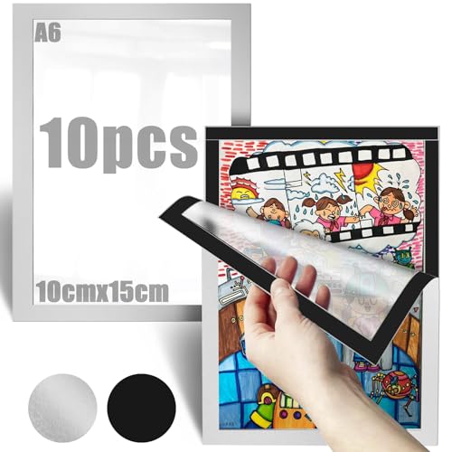 Mbsomnus Magnetrahmen A6 Selbstklebend 10stk Magnet Bilderrahmen Innenmaß 10x15cm Magnetrahmen Bilderrahmen Silber Magnetisch mit Magnetverschluss Infotasche Blatthalter für DIN A6 Schlafzimmer Büro von Mbsomnus