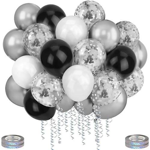 Mbsomnus 60 Stück Luftballons Geburtstag Silber Luftballons Hochzeit 30cm Metallic Silber Ballons Konfetti mit Luftschlangen Schwarz Weiße Helium Latex Ballons für Graduierung Kinder Party Deko von Mbsomnus