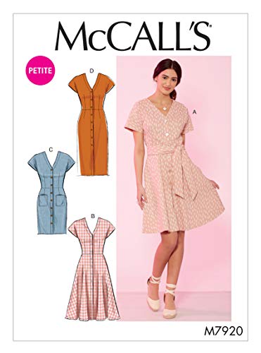 McCall's M7920A5 Women's Petite Belt and Button Up Dress Sewing Patterns, Sizes 6-14 Schnittmuster, Leinen, Crepes, Denim, Köper, weiß, Verschiedene Größen von McCall's