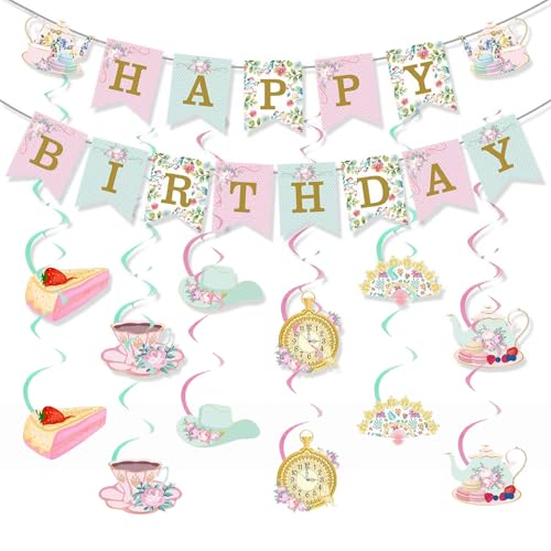 Floral Tea Party Dekorationen für Frauen Mädchen - Floral Tea Happy Birthday Banner Tee Hängende Wirbel Dekoration für Geburtstag Babyparty Hochzeit Party Supplies (Golden) von Mcoolar