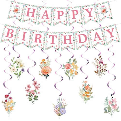 Wildblume Geburtstagsdekorationen für Mädchen - Frühling Floral Happy Birthday Banner Girlande mit Blume hängende Wirbel | Perfekte Party Dekor für Frauen und Mädchen (Rosa) von Mcoolar