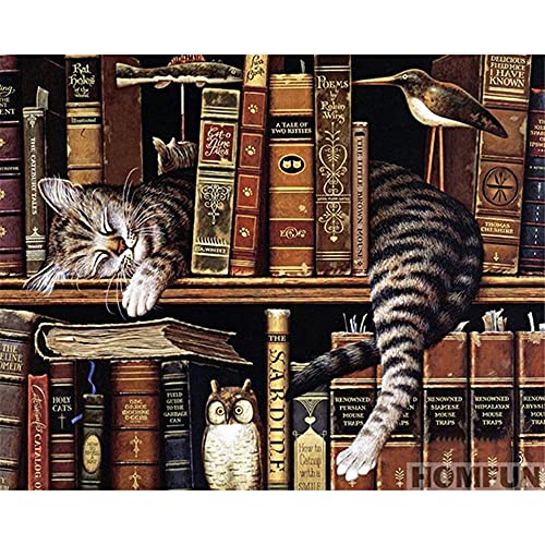 DIY 5D Diamond Painting Diamant Malerei Kits Vollbohrer Katzen Bücherregal Groß Bilder Kinder Nach Zahlen Stickerei Crystal Strass Kreuzstich Stickerei für Home Wand Dekor Geschenk Rundbohrer 50x70cm von Sattie