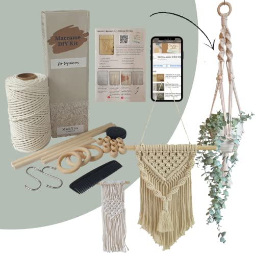 Makramee DIY Kit für Erwachsene Anfänger, Wandbehang-Set, Pflanzenaufhänger Kit mit leicht zu befolgende 3 Videoanleitungen, Holzdübel, Holzperlen usw. von Me2You Atelier