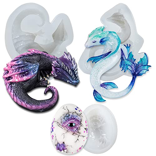 Dragon Epoxidharz-Silikonformen-Set für Fondant, Kuchendekoration, Beton, Zement, Polymerton, 3 Stück, große Länge 6,6–10,4 cm von MeFfee