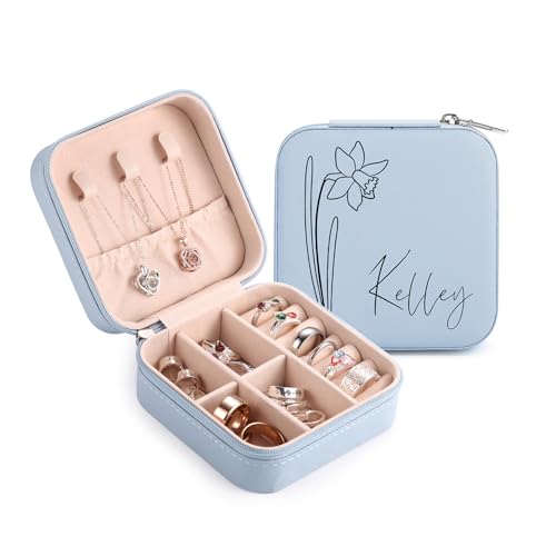 MeMeDIY Personalisierte Schmuckschatulle mit Namen/Blume Individuelles Leder Reise-Schmuckkästchen Schmuck-Organizer-Box Hochzeit Brautjungfer Geschenke für Frauen und Mütter -E von MeMeDIY