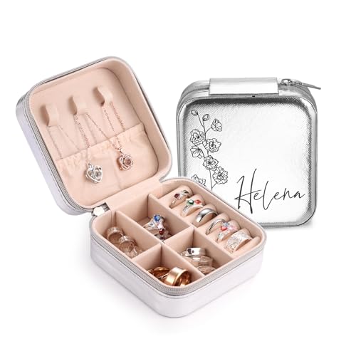 MeMeDIY Personalisierte Schmuckschatulle mit Namen/Blume Individuelles Leder Reise-Schmuckkästchen Schmuck-Organizer-Box Hochzeit Brautjungfer Geschenke für Frauen und Mütter -F von MeMeDIY