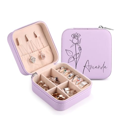 MeMeDIY Personalisierte Schmuckschatulle mit Namen/Blume Individuelles Leder Reise-Schmuckkästchen Schmuck-Organizer-Box Hochzeit Brautjungfer Geschenke für Frauen und Mütter -G von MeMeDIY