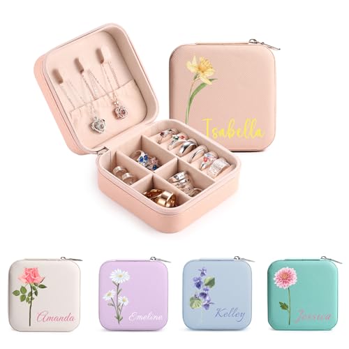 MeMeDIY Personalisierte Schmuckschatulle mit Namen/Blume Individuelles Leder Reise-Schmuckkästchen Schmuck-Organizer-Box Hochzeit Brautjungfer Geschenke für Frauen und Mütter -H1 von MeMeDIY