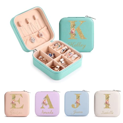 MeMeDIY Personalisierte Schmuckschatulle mit Namen/Blume Individuelles Leder Reise-Schmuckkästchen Schmuck-Organizer-Box Hochzeit Brautjungfer Geschenke für Frauen und Mütter -H3 von MeMeDIY