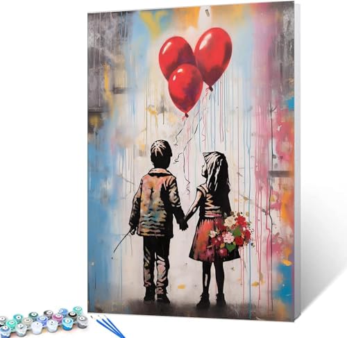 Street Art Banksy Malen Nach Zahlen Für Erwachsene, Digitales Diy-Ölgemälde-Set Auf Leinwand Mit Pinseln Und Acrylpigmenten, Ballon-Kunstwerk „Kleines Mädchen Und Junge“ Für Die Inneneinric 40 * 50cm von MeQix