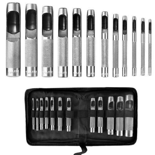 MeYuxg 12er Locheisen Set,Runde Locher Cutter Leder Punch Werkzeug,Locheisensatz, Hohl Punch Set,für Leder Uhrenarmbänder Gürtel Leinwand Öse Papier Kunststoff 3-19mm (Rostfreier Edelstahl) von MeYuxg