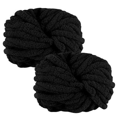 MeYuxg 2 x 250 Gramm Dicke Wolle Garn Strickgarn, Super Soft Chenille Chunky Yarn, Wolle Super Bulky für Gehäkelte Decken gestrickte Haustiernester Decken Dekokissen Armstricken Wolle - Schwarz von MeYuxg