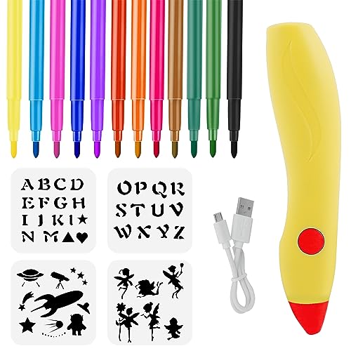 MeYuxg Elektrischer Farbsprühstift, Airbrush-Set für Kinder mit 12 Filzstiften & 12 Schablonen, DIY Malerei Airbrush Farben sprühen für Kinder, Wiederaufladbar丨Spülbar丨Ungiftig, Gelb von MeYuxg