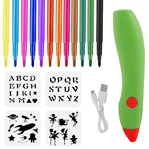 MeYuxg Elektrischer Farbsprühstift, Airbrush-Set für Kinder mit 12 Filzstiften & 4 Schablonen, DIY Malerei Airbrush Farben sprühen für Kinder, Wiederaufladbar丨Spülbar丨Ungiftig, Grün von MeYuxg