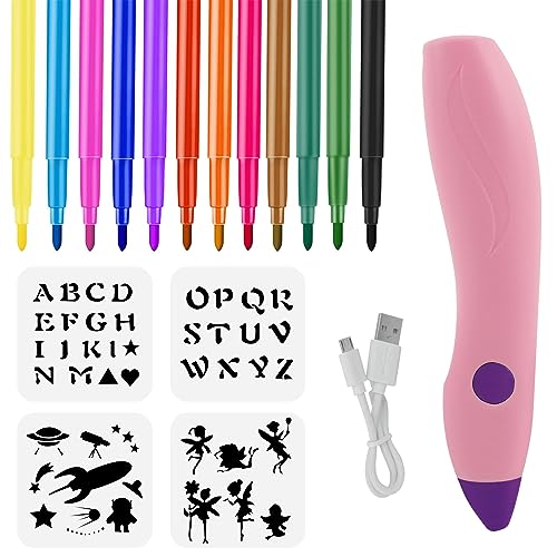 MeYuxg Elektrischer Farbsprühstift, Airbrush-Set für Kinder mit 12 Filzstiften & 4 Schablonen, DIY Malerei Airbrush Farben sprühen für Kinder, Wiederaufladbar丨Spülbar丨Ungiftig, Rosa von MeYuxg