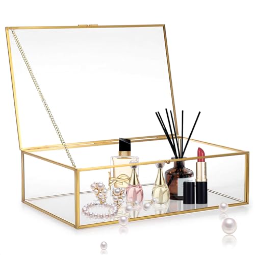 MeYuxg Glasbox Golden Schmuckkästchen, Großes Hochzeitspost Box Schmuckkästchen Glas Schmuckschatulle, Geschenkbox mit Deckel Groß Transparent Glasvitrine von MeYuxg