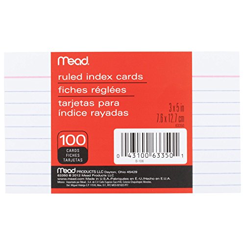 Mead Linierte Karteikarten, Notizkarten, liniert, 100 Stück, 7,6 x 12,7 cm, weiß (63350) von Mead