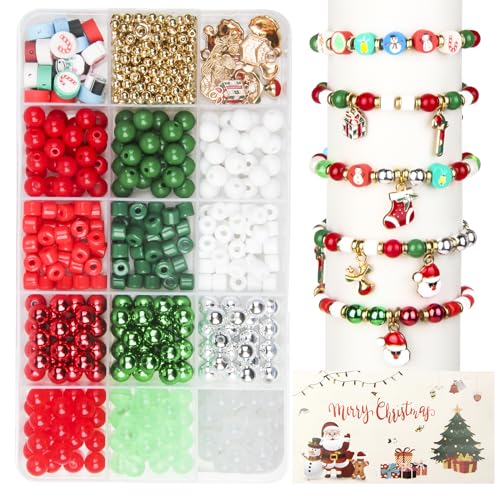 Weihnachten Perlen Set für Armbänder, 615 Stück Armbänder Selber Machen mit 5/8mm Weihnachtsperlen und DIY Charms Ahänger Anhänger, Weihnachtsgeschenke Basteln Perlen für Mädchen 4 5 6 7 8 9 Jahre von Meafeng