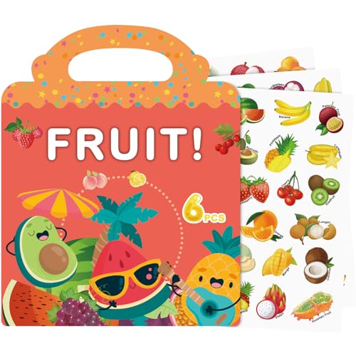 Wiederverwendbare Stickerbuch, Sticker Book für Kinder, 6 Blätter Obst Stickerbücher für 3 4 5 6 Jahre Jungen Mädchen Kleinkinder, 3D Klare Sticker für Lernspielzeug Geschenke von Meafeng