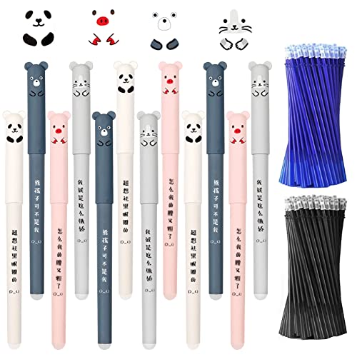 Meanju 12 Stück Cartoon Gel Ink Pen Gelschreiber mit 6 Blaue und 6 Schwarze Nachfüllungen,Cartoon Radierbarer Kugelschreiber,Gelschreiber Süße Schweine Panda Gel Stift 0.35mm (Blau) von Meanju