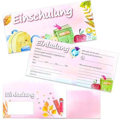 Meanju 12×Einladung Einschulung Mädchen, Einschulung Einladungskarten mit Umschläge, Einladung Schulanfang Mädchen, Einladungskarten zur Einschulung für Schulkind Mädchen von Meanju