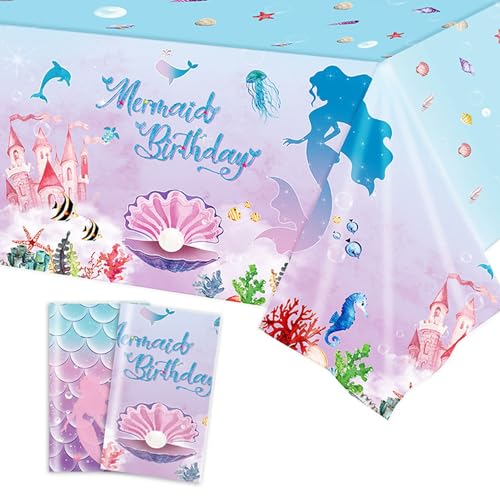 Meerjungfrau Party Tischdecke, 2 Stück Tischdecken Geburtstag, Mehrfach Verwendbar, Wasserdicht Tischtuch, Meerjungfrau Thema Geburtstag Party Dekoration für Kinder Mädchen Jungen 137 x 274cm von Meanju