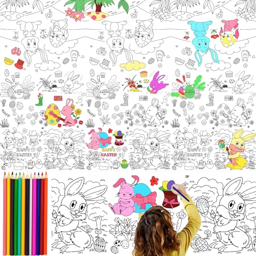 Papier-Tischdecke Ostern zum Ausmalen,Maltischdecke für Kinder,180 x 120cm Ostertischdecke,Ausmaltischdecke Kinder,Tischdecke zum Ausmalen Ostern mit 12 pcs Buntstifte,Ostergeschenk für Kinder von Meanju