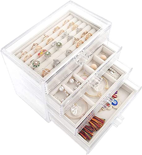 Mebbay Acryl-Schmuckschatulle mit 4 Schubladen, Samt-Schmuck-Organizer für Ohrringe, Halsketten, Ringe und Armband, transparente Schmuck-Display-Aufbewahrungsbox, weiß, 23,9 x 13,5 x 19,6 x 19,6 cm von Mebbay