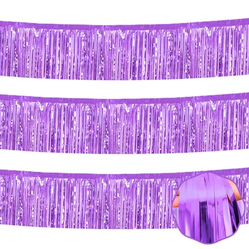 3 Stück 3 m hellviolette Folien-Fransengirlande, Metallic-Lametta-Girlande, Banner, Wandbehang, Vorhang, Hintergrund für Parade, Weihnachten, Erntedankfest, Halloween, Neujahrsparty-Dekoration von Mebiornt