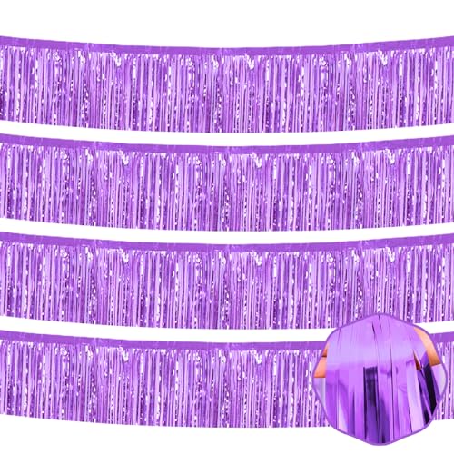 4 Stück 3 m hellviolette Folien-Fransengirlande Metallic Lametta Luftschlangen Banner Wandbehang Vorhang Hintergrund für Parade Floats, Weihnachten, Erntedankfest, Halloween, Neujahrsparty-Dekoration von Mebiornt