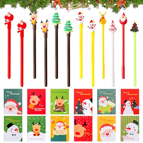 24 Stück Gelschreiber Mini Notizblock Weihnachten Set, Weihnachten Kugelschreiber, Füllfederhalter, Weihnachten Cartoon Kleine Notizblöcke, Weihnachten Kleinigkeiten für Schreiben Schule Büro von Mecctuck