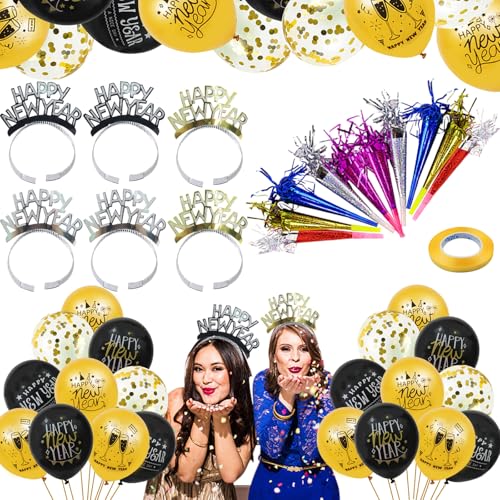 37 Stück Silvester Deko 2025,Neujahr Silvesterdeko,Neujahr Silvester Dekoration Set,Silvester Haarreif Hüte Latex Luftballons Happy New Year Girlande Silvesterpartydeko Accessoire für Silvesterparty von Mecctuck