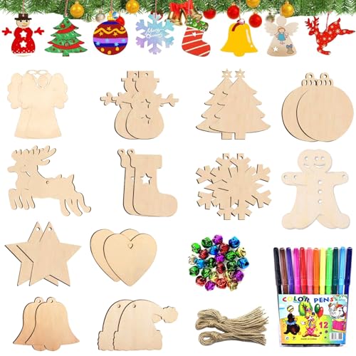 Basteln Weihnachten, 90 Stück Bastelset Weihnachten, Holzanhänger Weihnachten, Weihnachtsdeko, Basteln Kinder Weihnachtsbasteln mit Juteseil Glöckchen Farbiger, Anhänger für Weihnachten Malen DIY Deko von Mecctuck