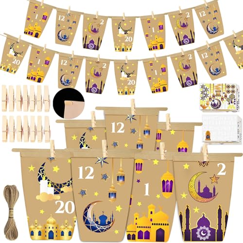 Mecctuck Ramadan Kalender, Ramadan Deko, Ramadan Kalender Kinder, Ramadan Kalender mit Süßigkeiten, 30 Stück Eid Mubarak Papiertüten mit Clips und Juteseil, Ramadankalender Geschenke Verpackung von Mecctuck