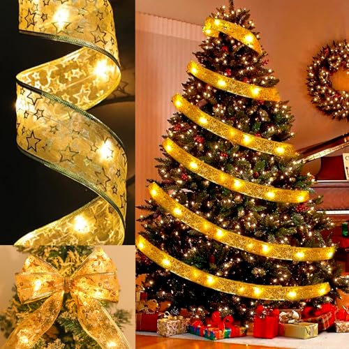 Mecctuck Weihnachtsband Lichter, 550 CM Glänzende Band Lichterkette, 50 LEDs Weihnachtsband Lichterkette, Weihnachtsbaum Deko, Baumschmuck Lichterketten Flackern für Innen Außen Weihnachtsbaumschmuck von Mecctuck