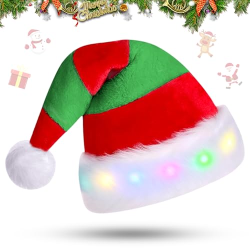 Mecctuck Weihnachtsmütze, Mütze mit LED Licht, Weihnachtsmützen, Nikolausmütze, Weihnachtsmann Mütze, Weihnachtsmütze LED Mütze, Nikolausmützen, Christmas Hat Streifendesign für Kinder und Erwachsene von Mecctuck