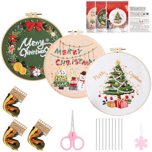 Mecmbj Weihnachts Handstickset, 3 Sets Sticksets für Anfänger und Erwachsene mit Stickrahmen, Stick Starter Set mit weihnachtlichen mustern, Kreuzstichset, Handstickset mit Anleitung und Werkzeug von Mecmbj