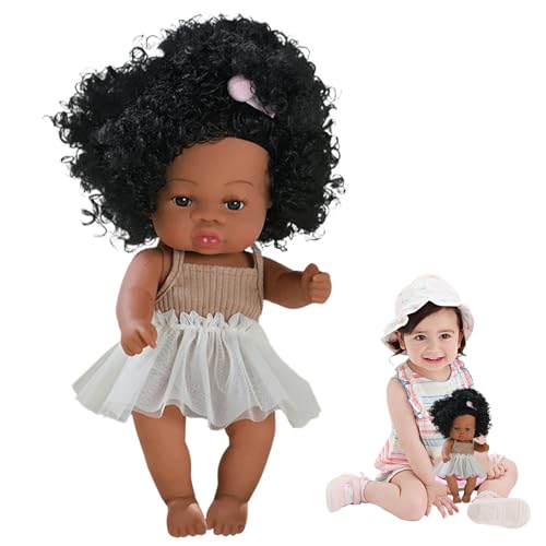 Babypuppenschwarze Babypuppen, 13 Zoll realistisches Babypuppen Mädchen mit lockigem Haar, potenzielle wiedergeborene Puppen mit Kleidung, Babypuppe für Kleinkinder 4-6 Geschenk, Karamellfarbe von Mednkoku