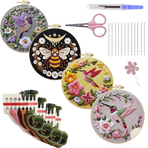 Meecaa 4P Bienen-Vogel-Blumen-Tier-Stickset, Starter-Set, Handstickerei-Set, gemustertes Kreuzstich-Set für Anfänger und Erwachsene, mit Stickrahmen und Anleitung (Biene) von Meecaa