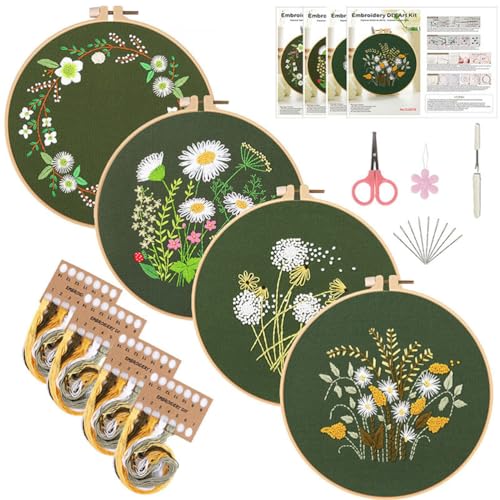 Meecaa 4P Blumengras-Pflanzen-Stickset, Starter-Set, Handstickerei-Set, gemustertes Kreuzstich-Set für Anfänger und Erwachsene, mit Stickrahmen und Anleitung (Blume) von Meecaa