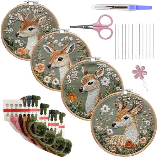 Meecaa 4P Hirsch Blume Tier Stickerei Kit Starter Set Handstickerei Set Muster gedruckt Kreuzstich Set für Anfänger Erwachsene mit Stickrahmen und Anleitung (Hirsch) von Meecaa