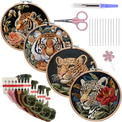 Meecaa 4P Leopard Tiger Blume Tier Stickerei Kit Starter Set Handstickerei Set Muster gedruckt Kreuzstich Set für Anfänger Erwachsene mit Stickrahmen und Anleitung (Leopard) von Meecaa