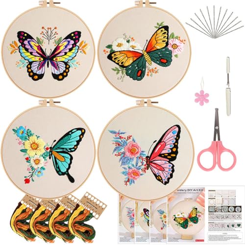 Meecaa 4P Schmetterling Blume Tier Stickerei Kit Starter Set Handstickerei Set Muster gedruckt Kreuzstich Set für Anfänger Erwachsene mit Stickrahmen und Anleitung (Schmetterling) von Meecaa