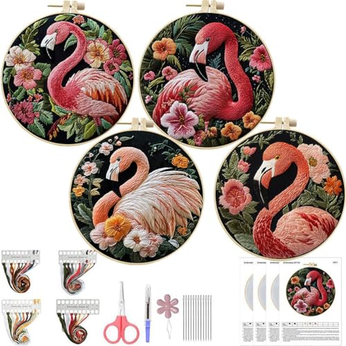 Meecaa 4P Stickerei Kit Starter Set, Handstickerei Set, Flamingo Tier Blumenmuster Gedruckt Kreuzstich Set für Anfänger Erwachsene, mit Stickrahmen und Anleitung (Flamingo) von Meecaa