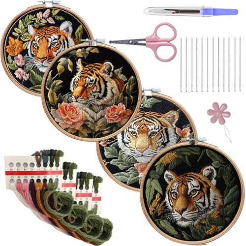 Meecaa 4P Tiger Blume Tier Stickerei Kit Starter Set Handstickerei Set Muster gedruckt Kreuzstich Set für Anfänger Erwachsene mit Stickrahmen und Anleitung (Tiger 1) von Meecaa