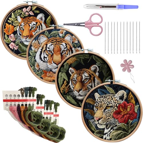 Meecaa 4P Tiger Leopard Blume Tier Stickerei Kit Starter Set Handstickerei Set Muster gedruckt Kreuzstich Set für Anfänger Erwachsene mit Stickrahmen und Anleitung (Tiger 2) von Meecaa