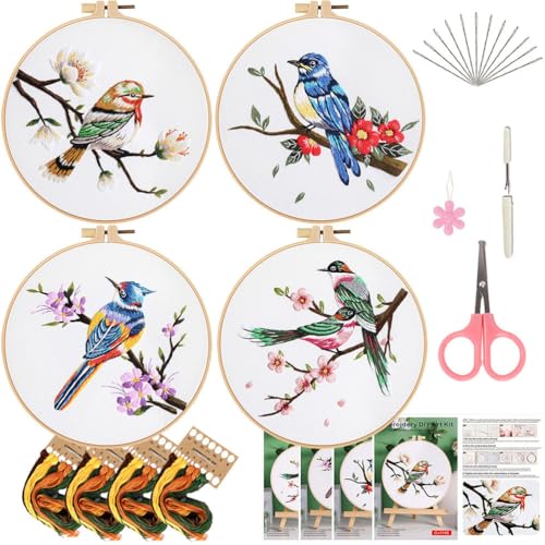 Meecaa 4P Vogel-Kolibri-Blumen-Stickset, Starter-Set, Handstickerei-Set, gemustertes Kreuzstich-Set für Anfänger und Erwachsene, mit Stickrahmen und Anleitung (Vögel 1) von Meecaa