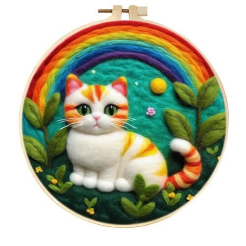 Meecaa DIY Nadelfilz-Set für Anfänger, Regenbogenkatzen, Blumentiere, inklusive Wollfilz-Zubehör, Stickereien, schönes Wollmalerei und Nadelfilzwerkzeug (Regenbogen) von Meecaa