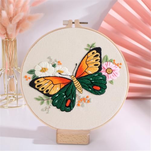 Meecaa Grüner Schmetterling Blume Tier Stickerei Kit Starter-Set, Handstickerei-Set, Muster gedruckt Kreuzstich Set für Anfänger Erwachsene, mit Stickrahmen und Anleitung (Schmetterling 1) von Meecaa